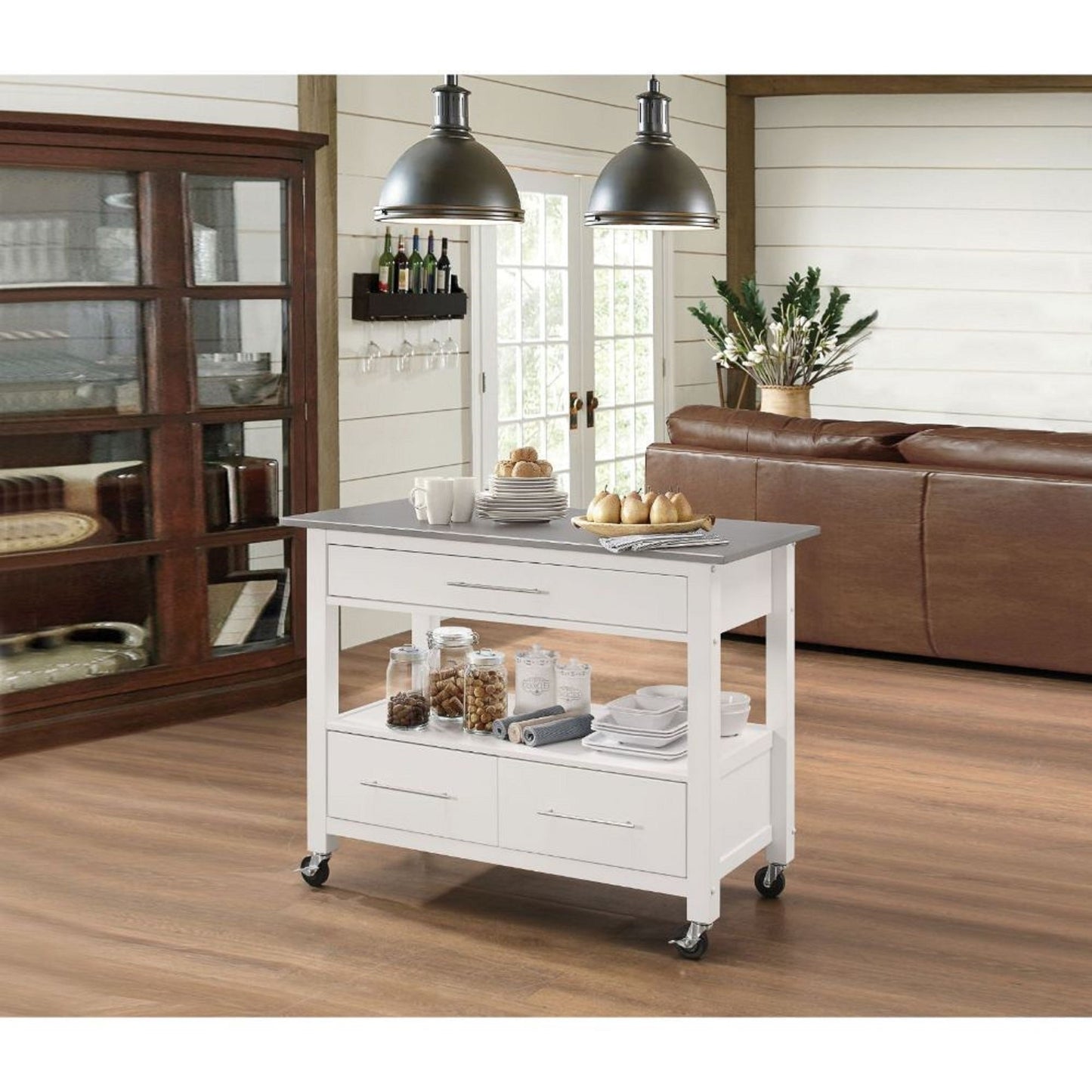 HomeRoots 47" Rolling Kitchen Island Or Bar Cart In White And Stainless Finish