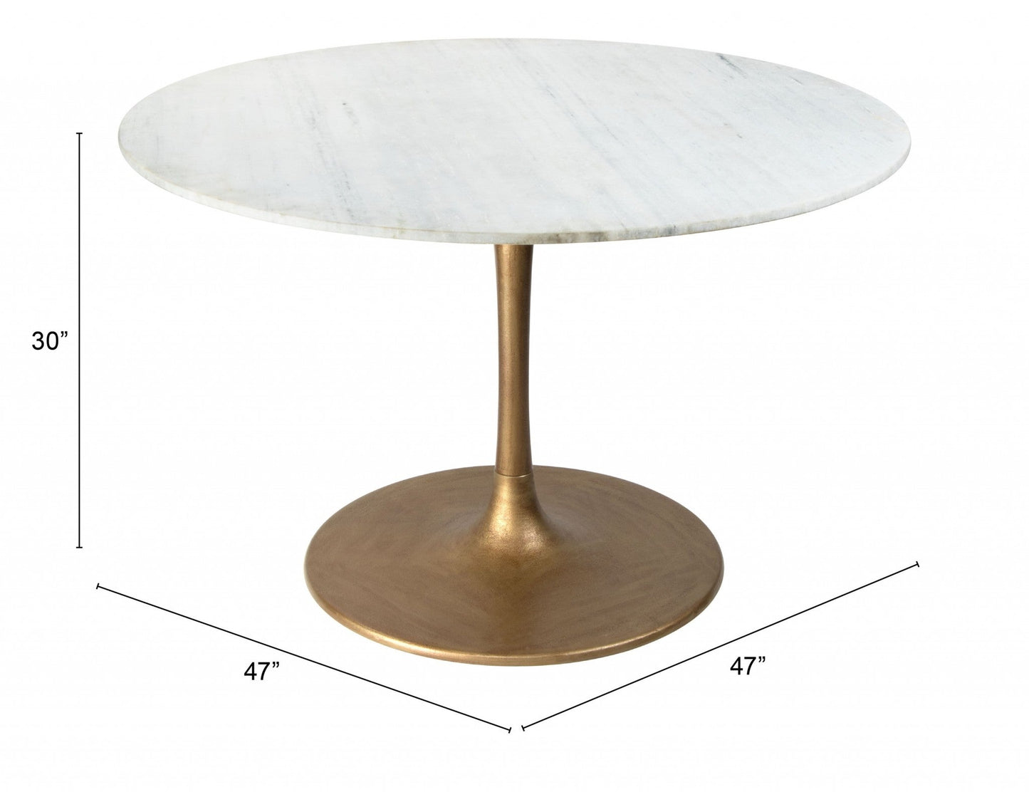 HomeRoots 47" White Marble Round Pedestal Dining Table With Gold Base Finish