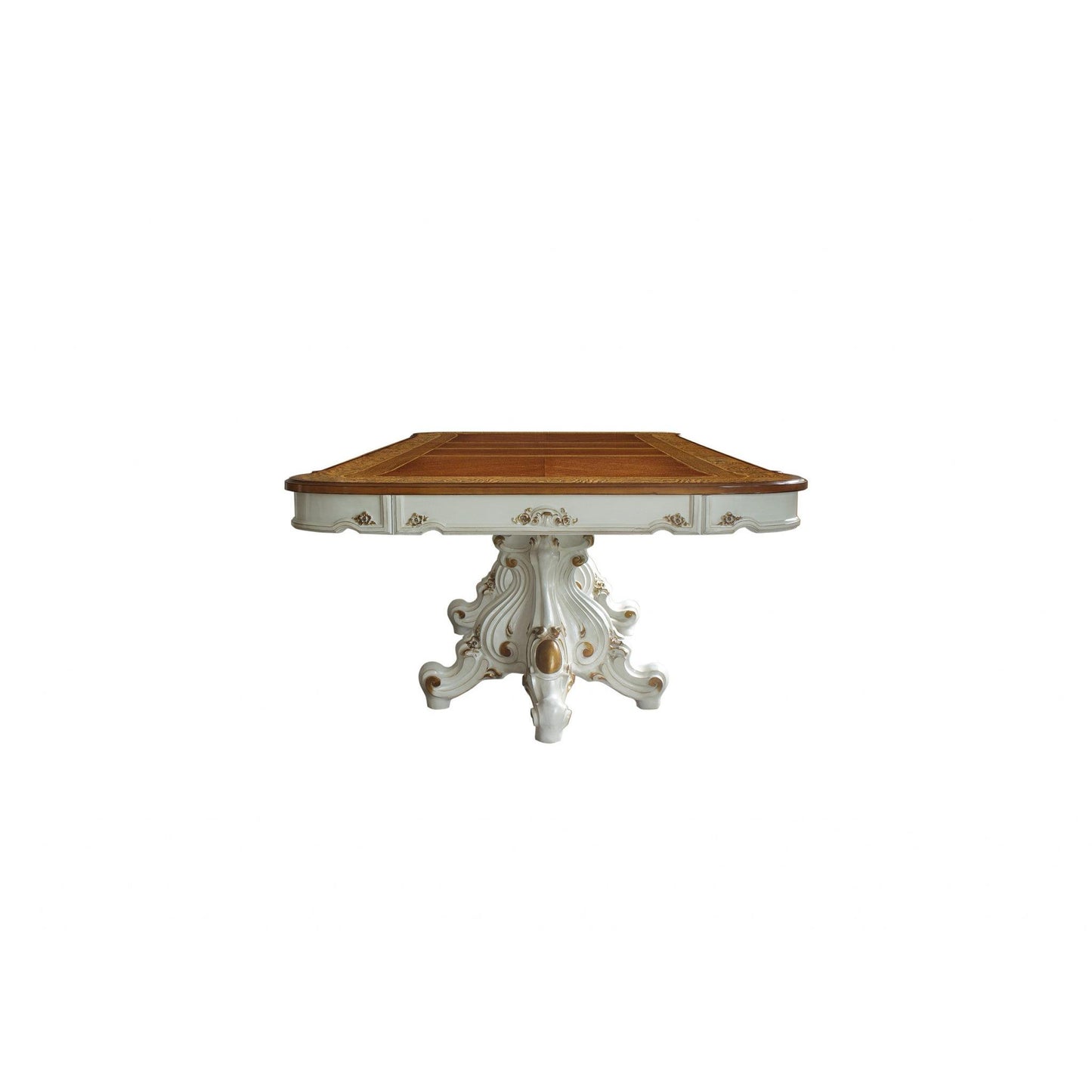 HomeRoots 49" x 120" x 31" Wood Poly-Resin Dining Table With Double Pedestal in Antique Pearl and Cherry Oak Finish