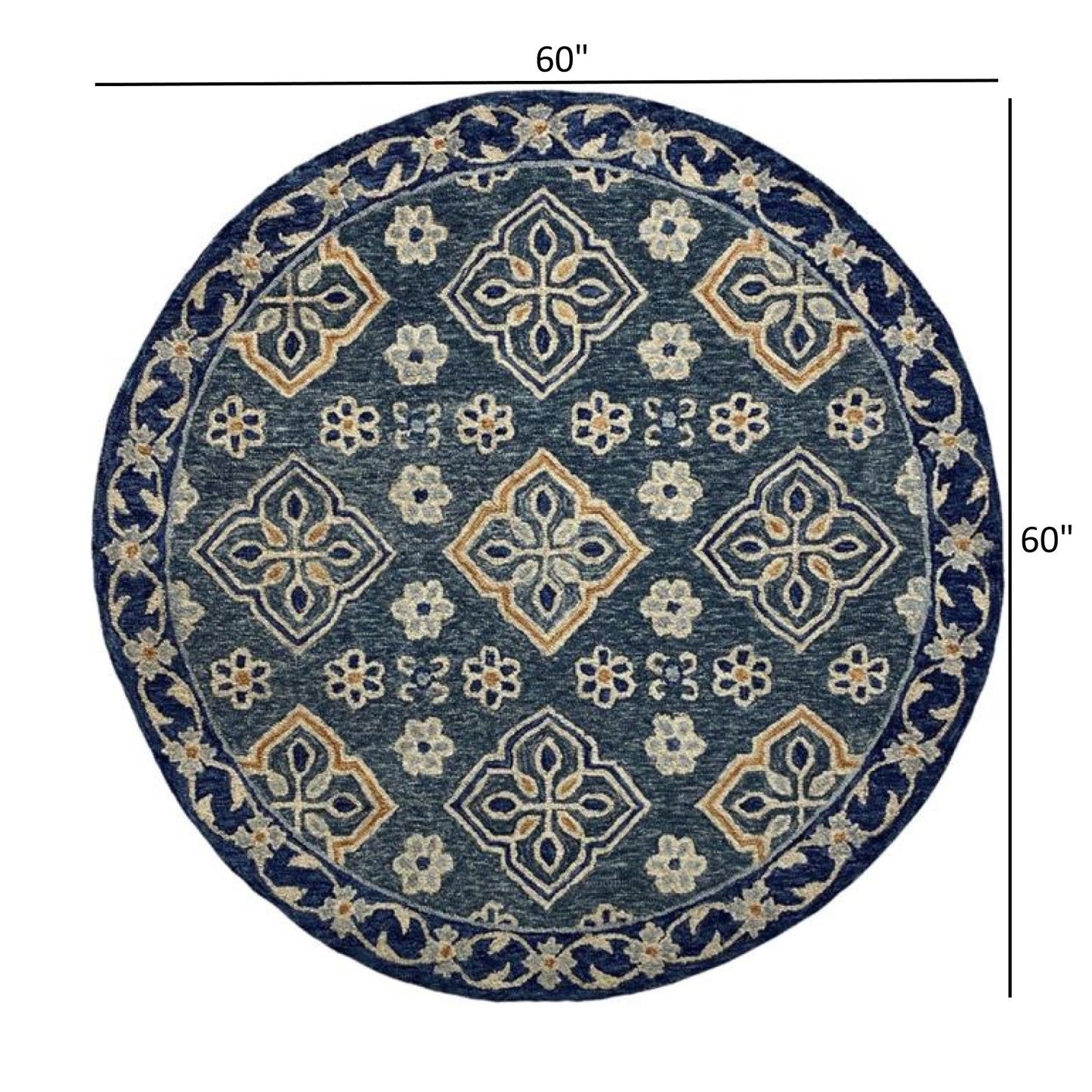 HomeRoots 5' Round Blue Bordered Floral Motifs Area Rug