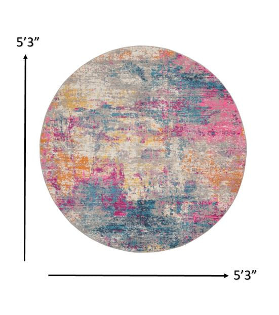 HomeRoots 5' Round Ivory and Multi Abstract Area Rug