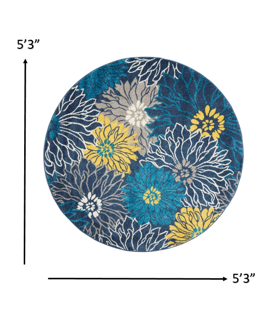 HomeRoots 5’ Round Tropical Flower Area Rug in Blue Finish