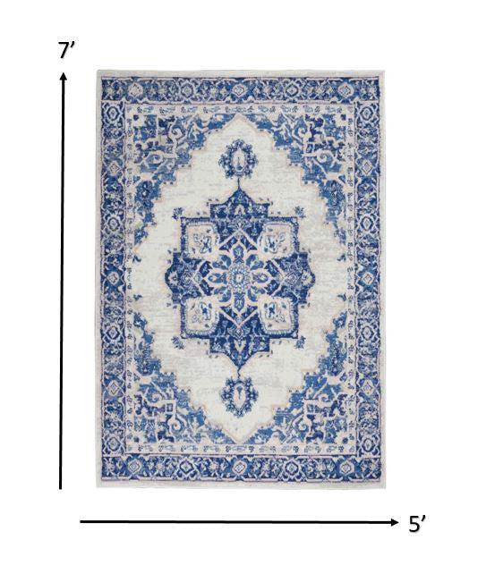 HomeRoots 5' x 7' Ivory and Blue Persian Medallion Area Rug