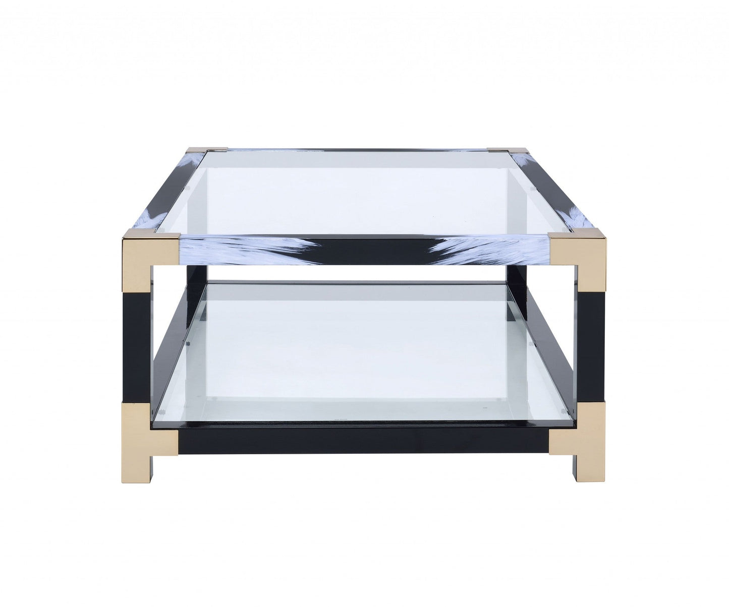 HomeRoots 54' x 18' x 34' White Brushed Black Gold And Clear Glass Coffee Table
