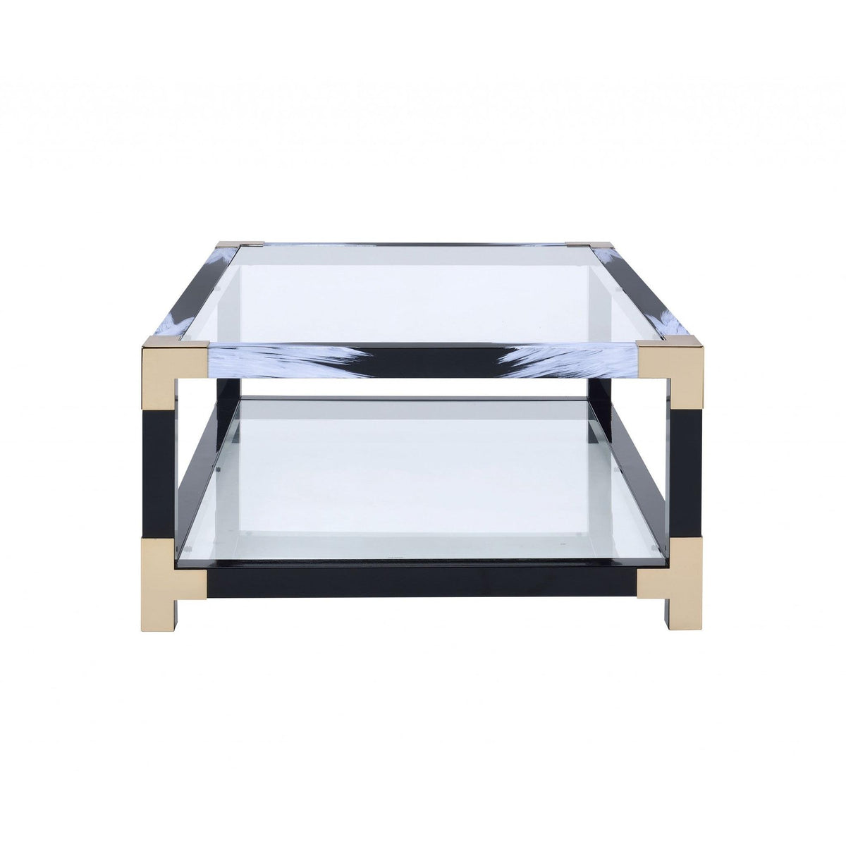 HomeRoots 54' x 18' x 34' White Brushed Black Gold And Clear Glass Coffee Table