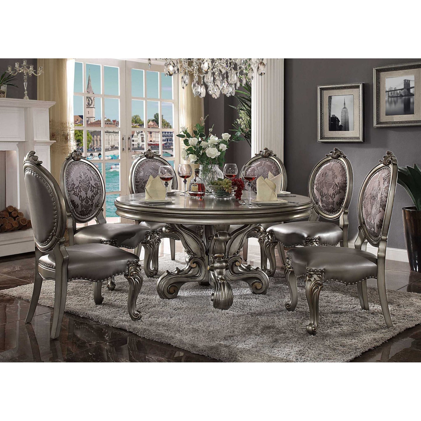 HomeRoots 60" x 60" x 30" Round Pedestal Wood Poly Resin Dining Table With Antique Platinum Finish