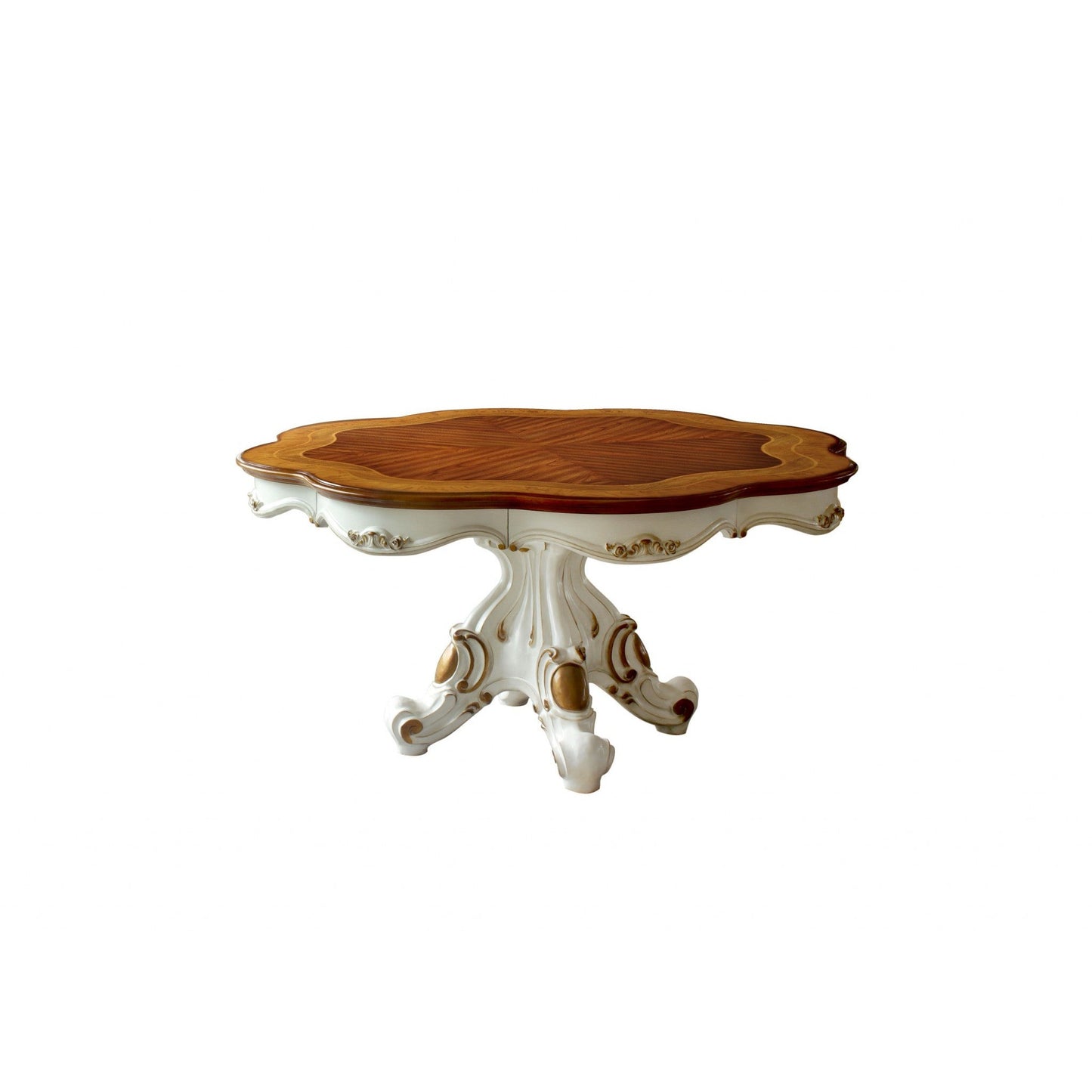 HomeRoots 62" x 62" x 31" Poly-Resin Dining Table With Single Pedestal in Antique Pearl and Cherry Oak Finish