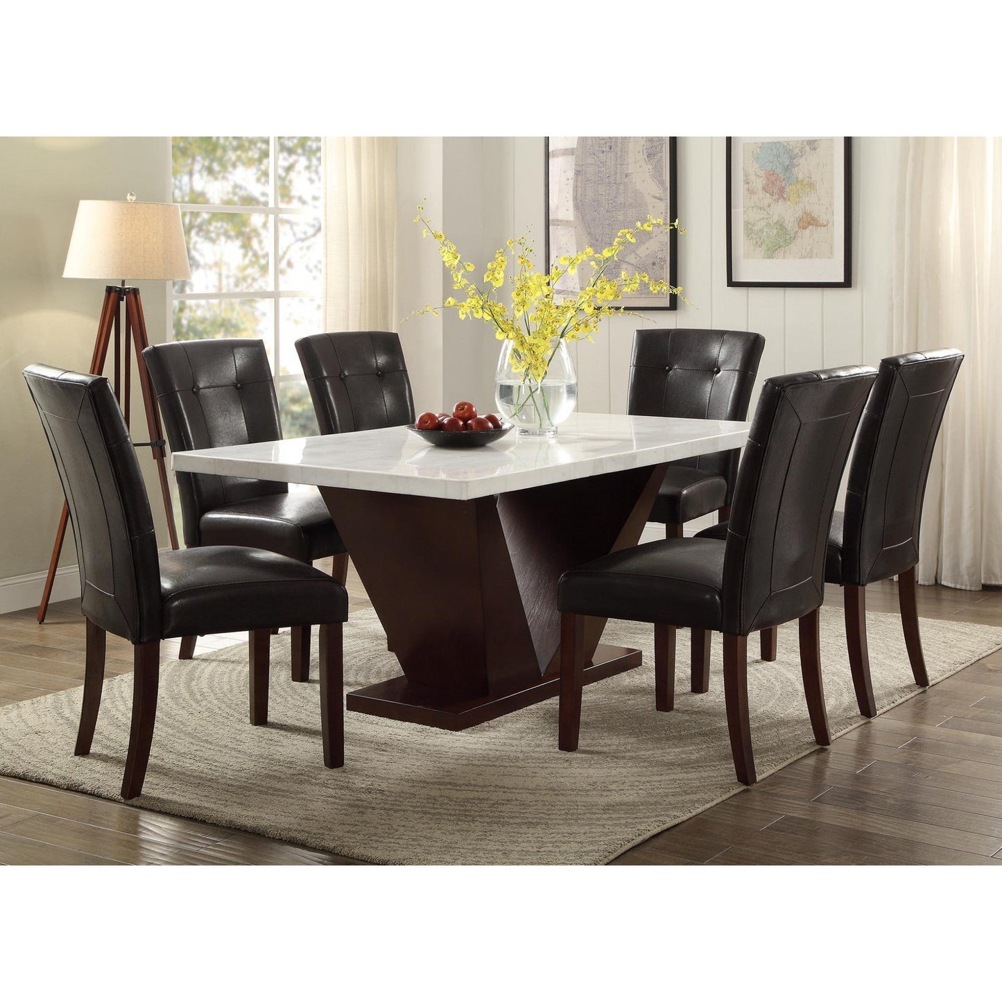 HomeRoots 65" Contemporary Dining Table White Marble And Walnut Finish