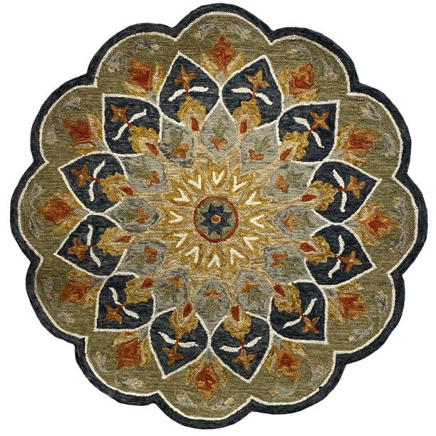 HomeRoots 7' Round Charcoal Scalloped Edge Area Rug