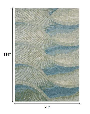 HomeRoots 7' x 10' Blue Beige Abstract Waves Modern Area Rug