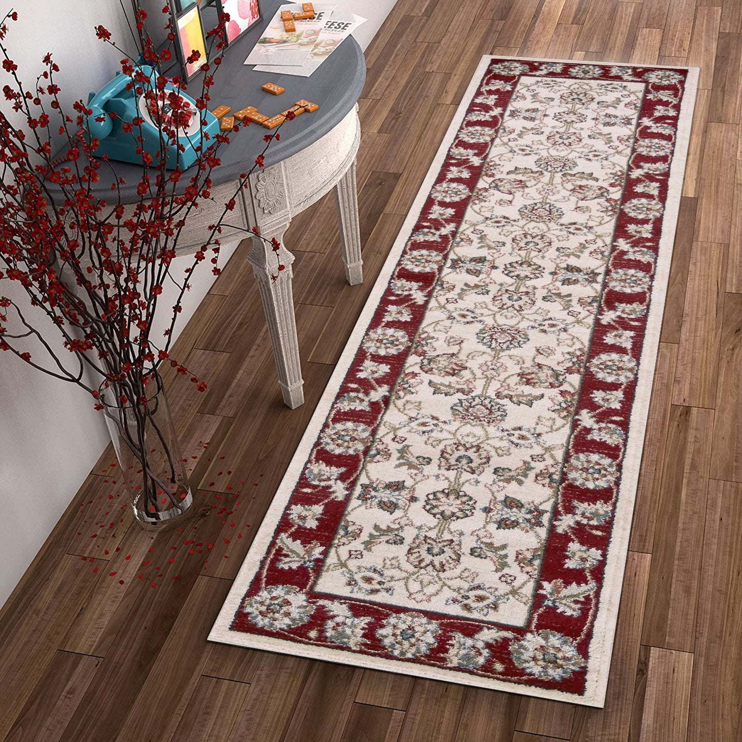 HomeRoots 8' Ivory Red Bordered Floral Indoor Runner Rug
