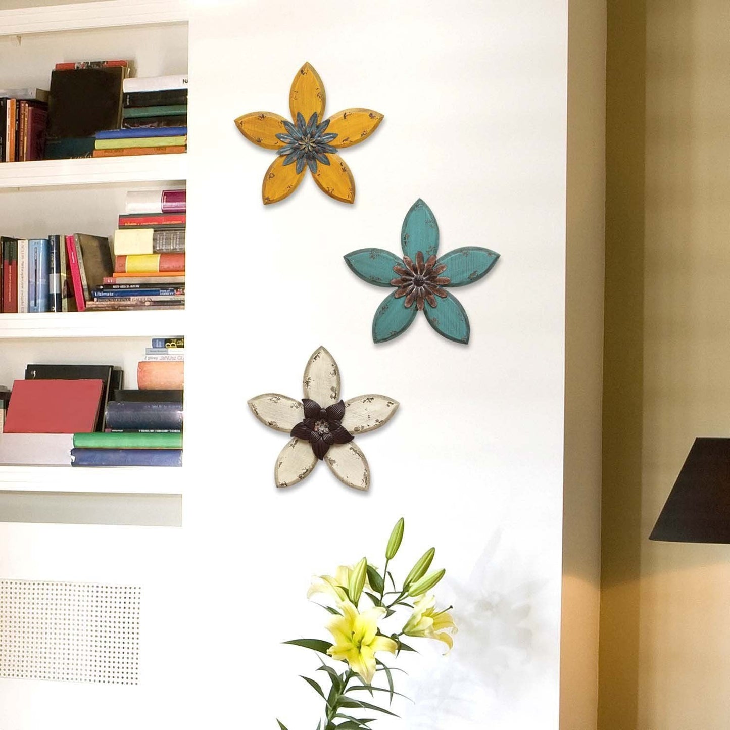 HomeRoots Antiqued Look Yellow and Gunmetal Flower Wall Decor