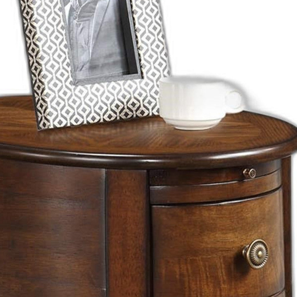 HomeRoots Antiqued Oval Wooden End Table in Burnished Walnut Finish