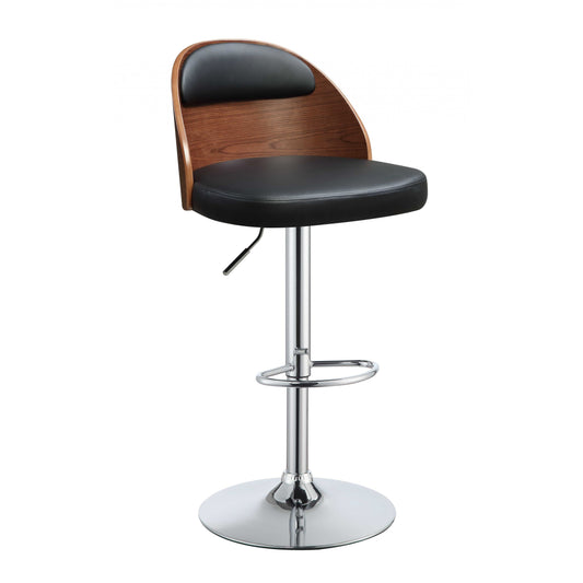HomeRoots Black Leather Adjustable Stool With Walnut Wooden Back