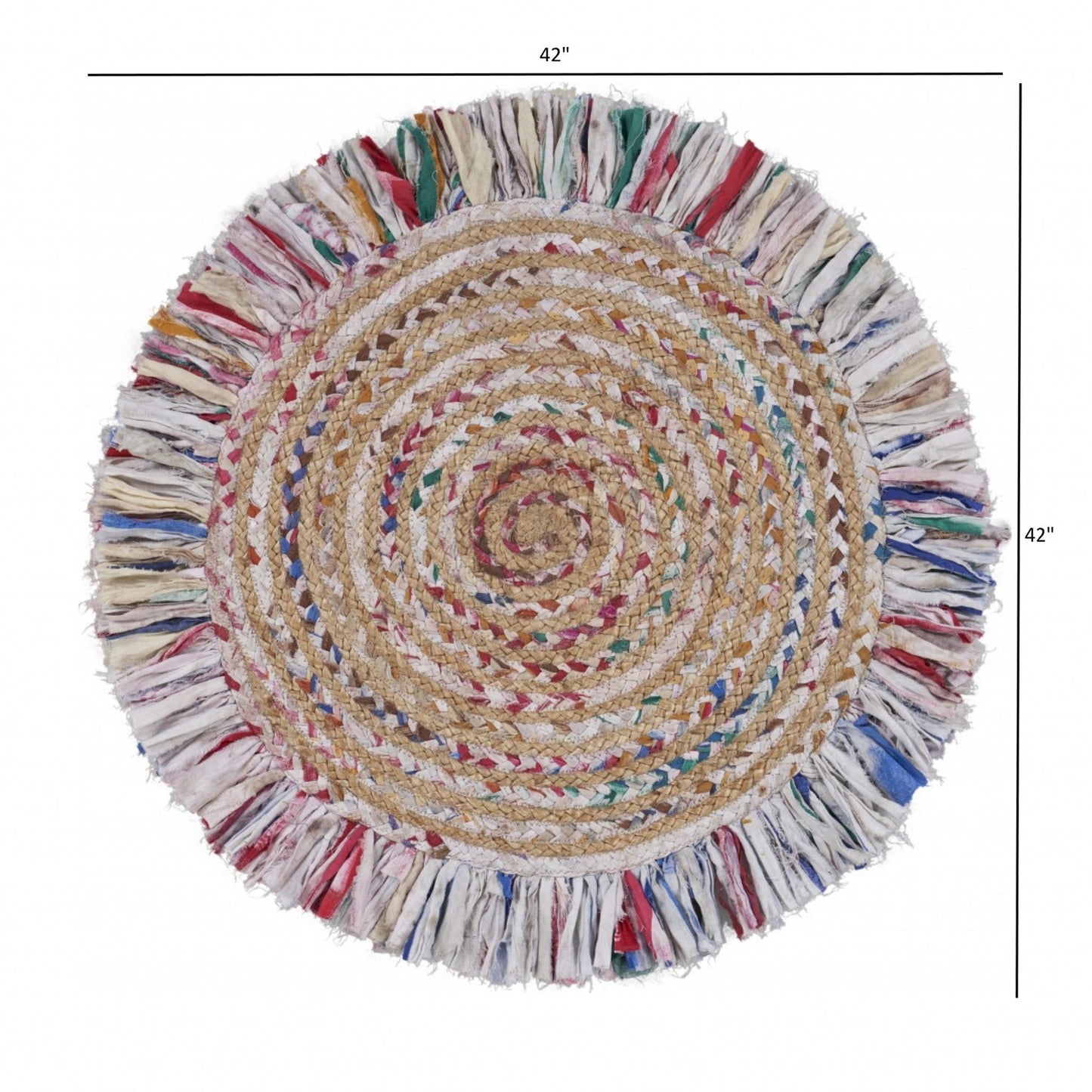 HomeRoots Bleached Multicolored Chindi and Natural Jute Fringed Round Rug