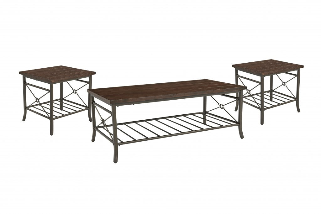HomeRoots Brown Wood and Metal Coffee Table and End Tables Three Piece Set
