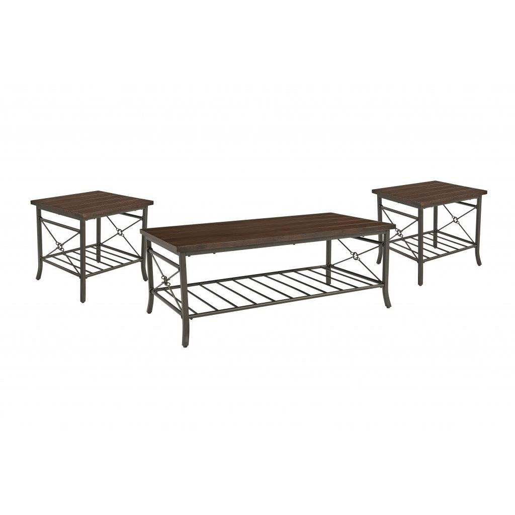 HomeRoots Brown Wood and Metal Coffee Table and End Tables Three Piece Set