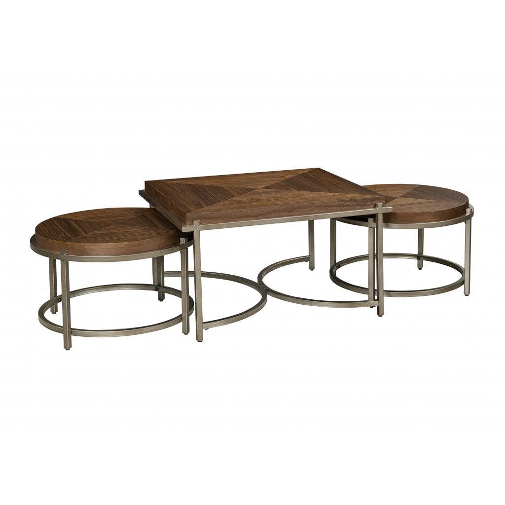 HomeRoots Brown Wood and Metal Geo Coffee Table and End Tables Three Piece Set