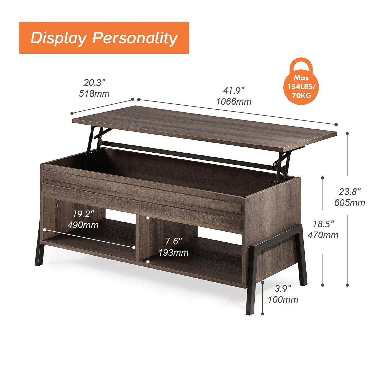 HomeRoots Brown Wooden Coffee Table with Lift Top