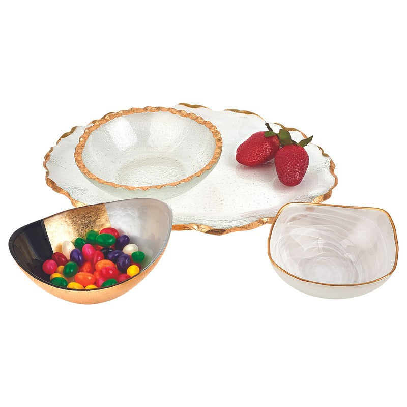 HomeRoots Bubble Glass Scalloped Round Platter or Tray With Gold Rim Accent