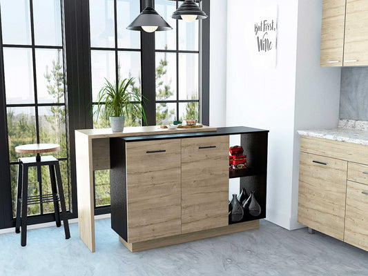 HomeRoots Contemporary Kitchen Island With Bar Table in Black And Light Oak Finish