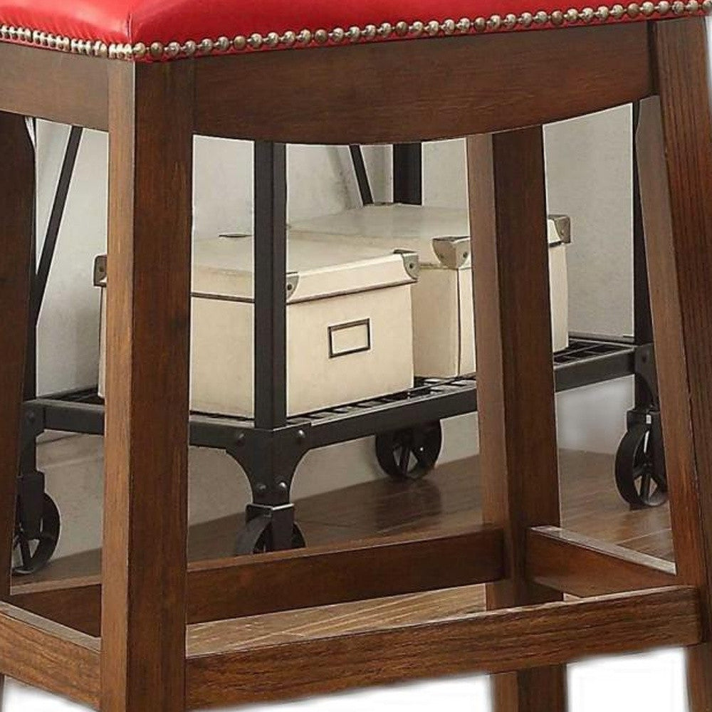 HomeRoots Delta Counter Height Stool, Red PU & Oak, Set of 2