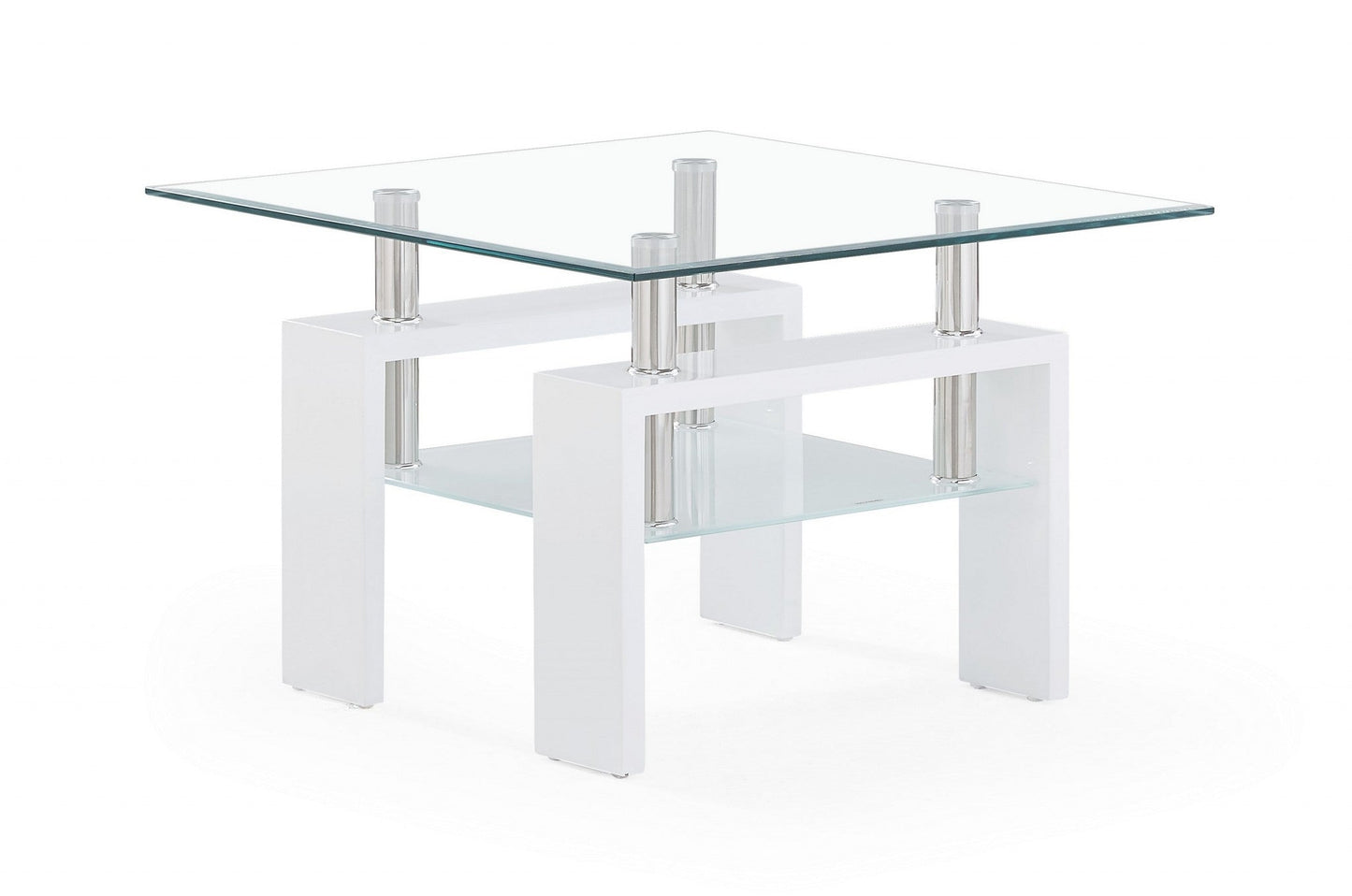 HomeRoots End Table With Rectangular Clear Glass Top and Glossy White Leg