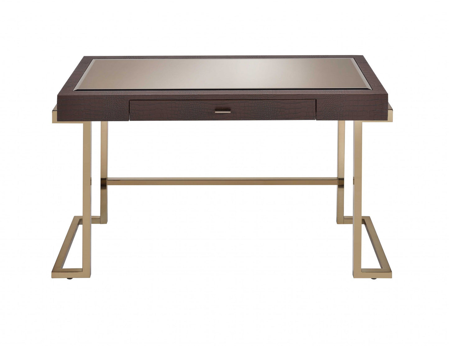 HomeRoots Faux Leather And Light Gold Mirror Desk in Brown Finish