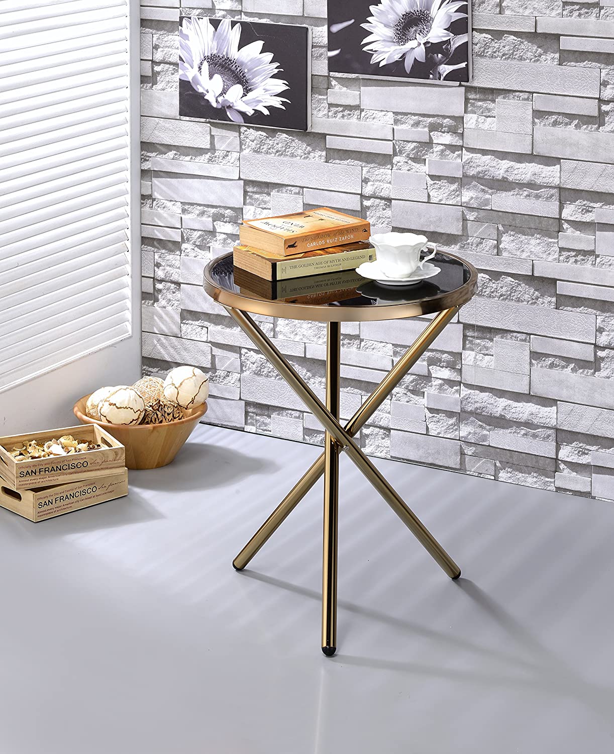 HomeRoots Glamorous Black and Gold Glass Top Side Table
