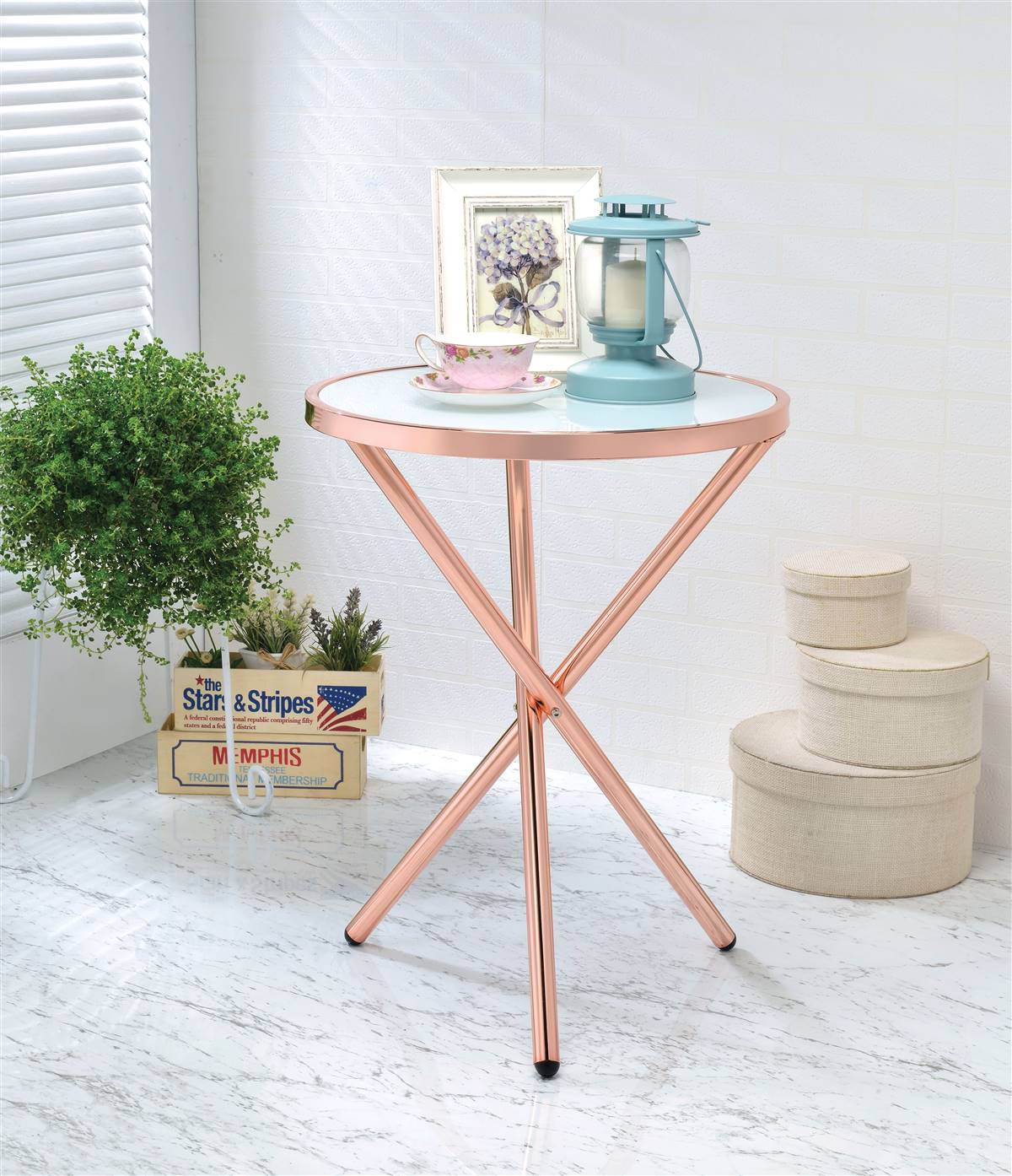 HomeRoots Glamorous White and Rose Gold Frosted Glass Top Side Table