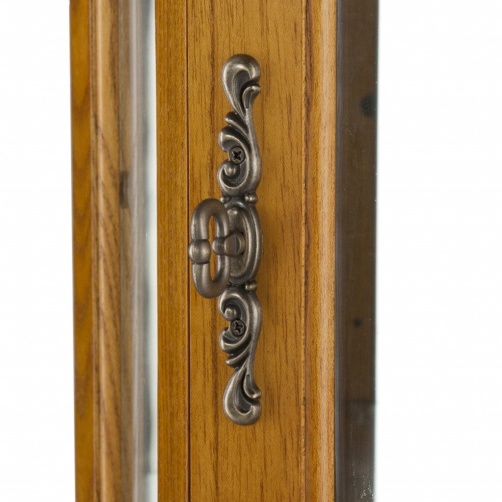 HomeRoots Golden Oak Scallop Top Lighted Corner Curio Cabinet