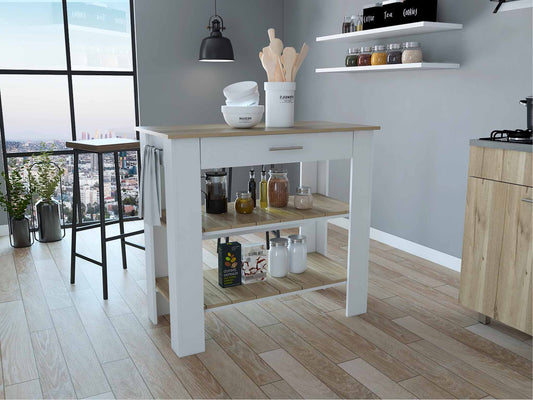 HomeRoots Kitchen Island With Drawer And 2 Open Shelves With Light Oak and White Finish