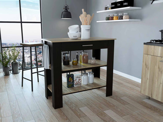 HomeRoots Kitchen Island With Drawer And 2 Open Shelves in Light Oak And Black Finish