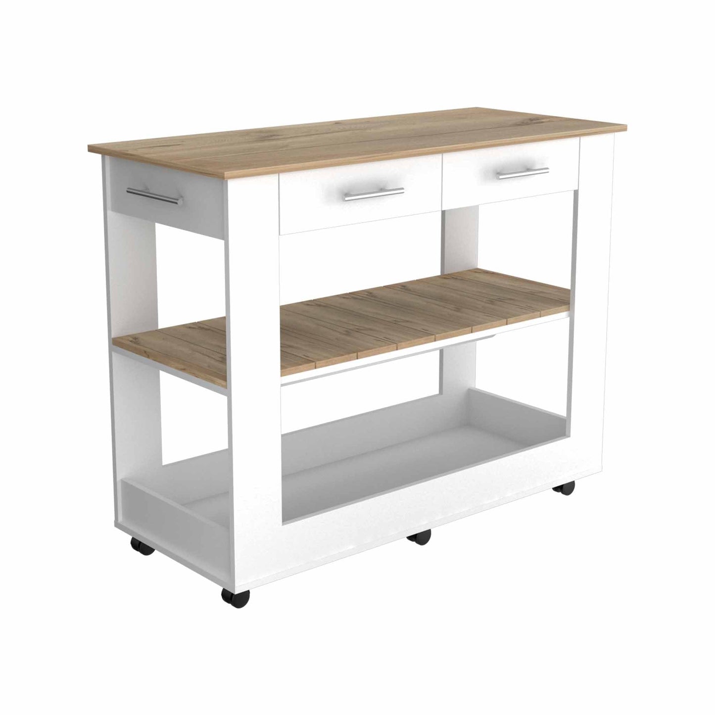 HomeRoots Kitchen Island With Drawer Shelves and Casters in Light Oak and White FInish