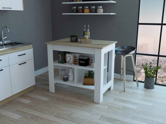 HomeRoots Kitchen Island With Three Storage Shelves With Light Oak And White Finish