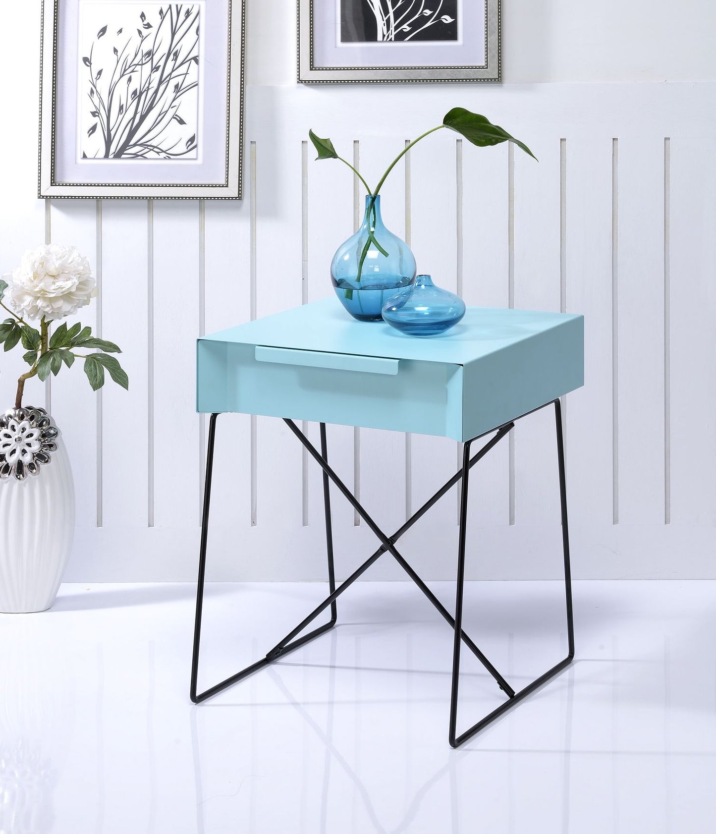HomeRoots Light Blue Modern Metal End Table with Drawer