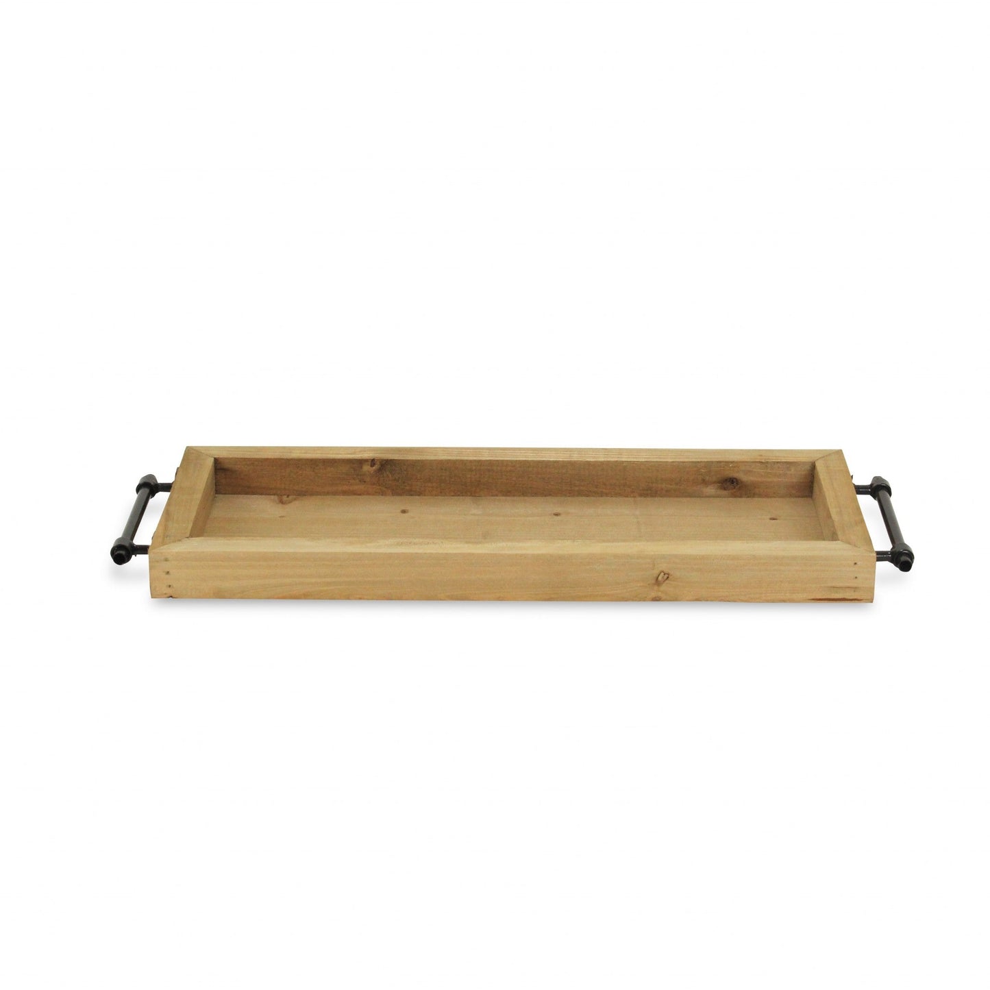 HomeRoots Long Wood Tray With Metal Handles in Brown Finish