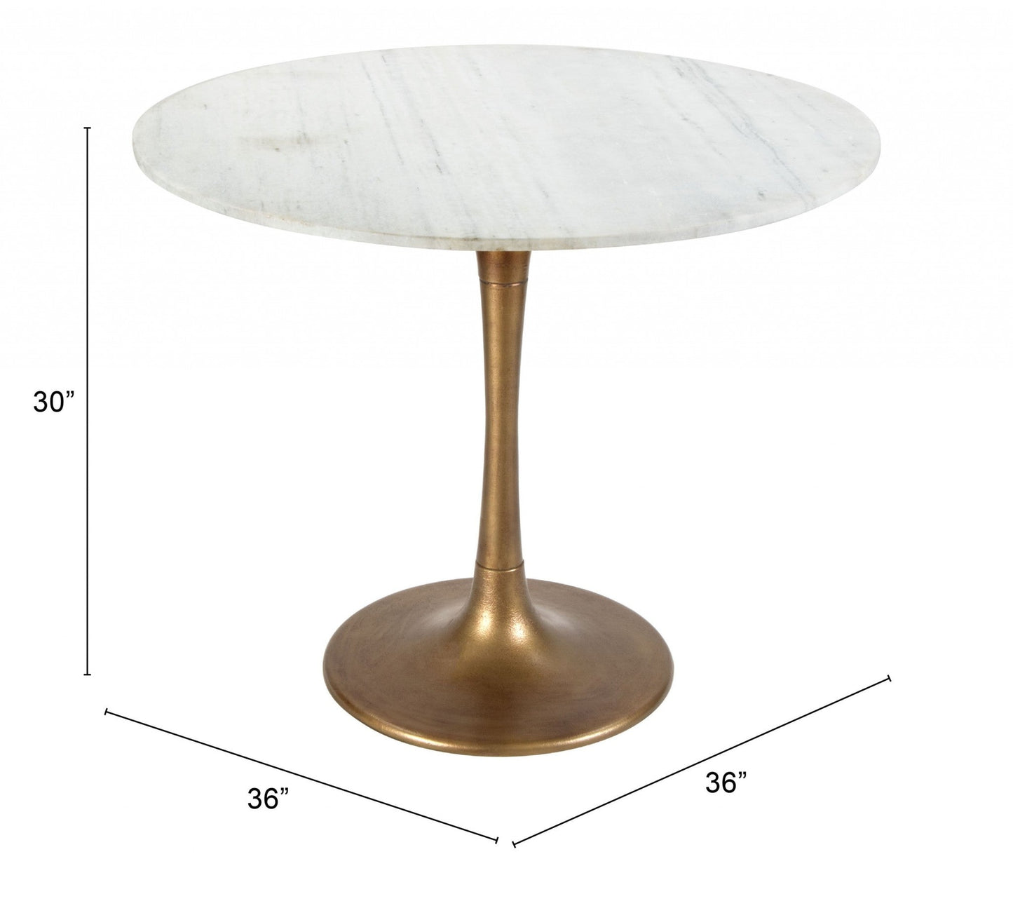 HomeRoots Modern Burnished Gold Pedestal Bistro Table With White Marble Top Finish