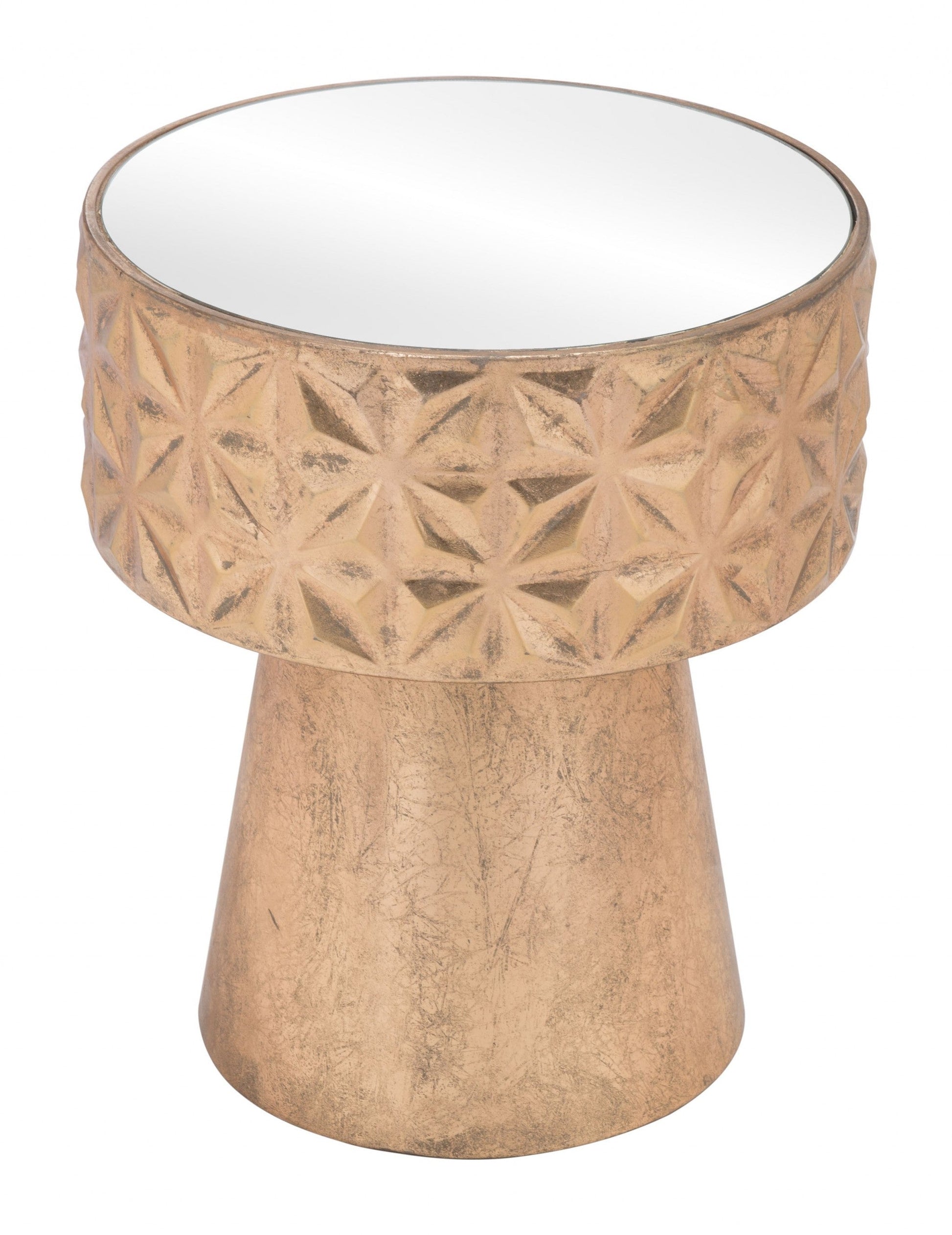 HomeRoots Petite Tribal Mirror Side Table in Gold Finish