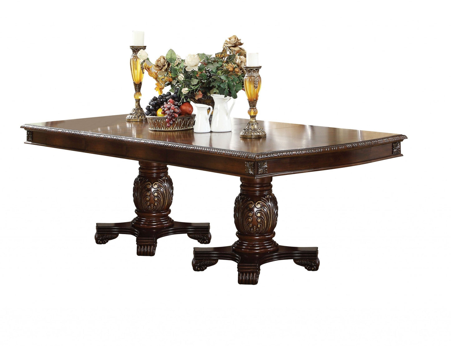 HomeRoots Rectangular Wooden Top Dining Table in Espresso With double carved pedestals