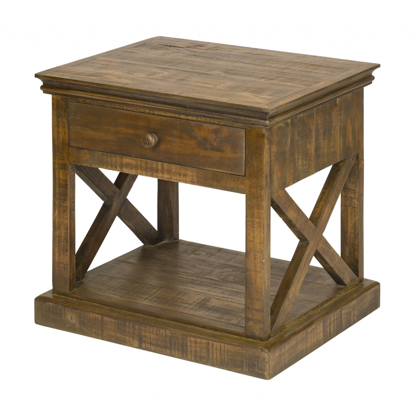 HomeRoots Rustic Maple Stain Wood Side Table With Drawer