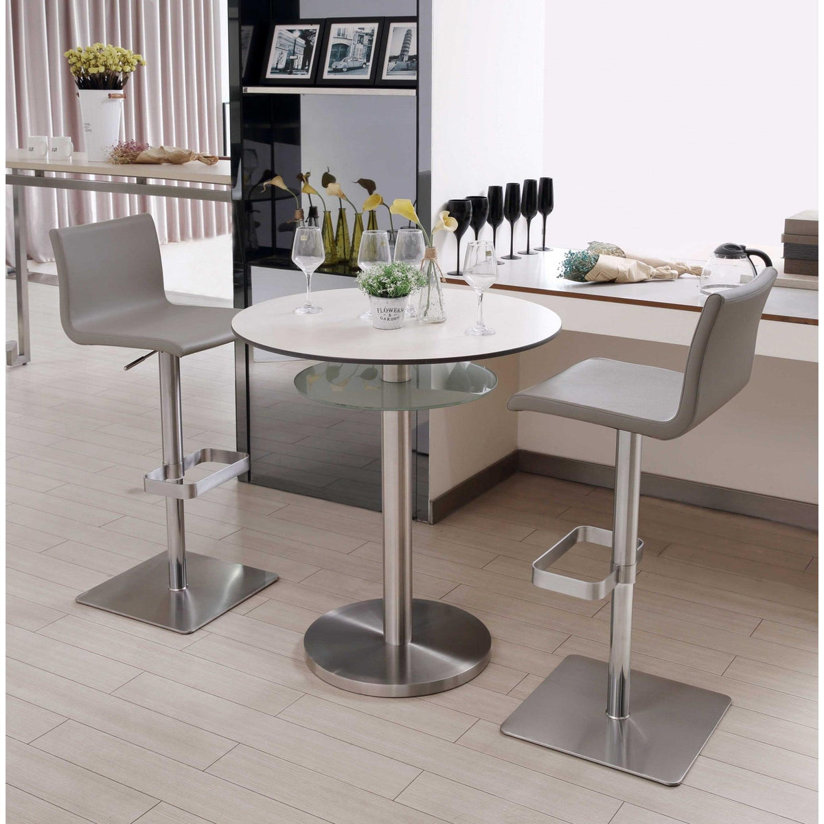 HomeRoots Sleek Light Gray Faux Leather Adjustable Bar Stool