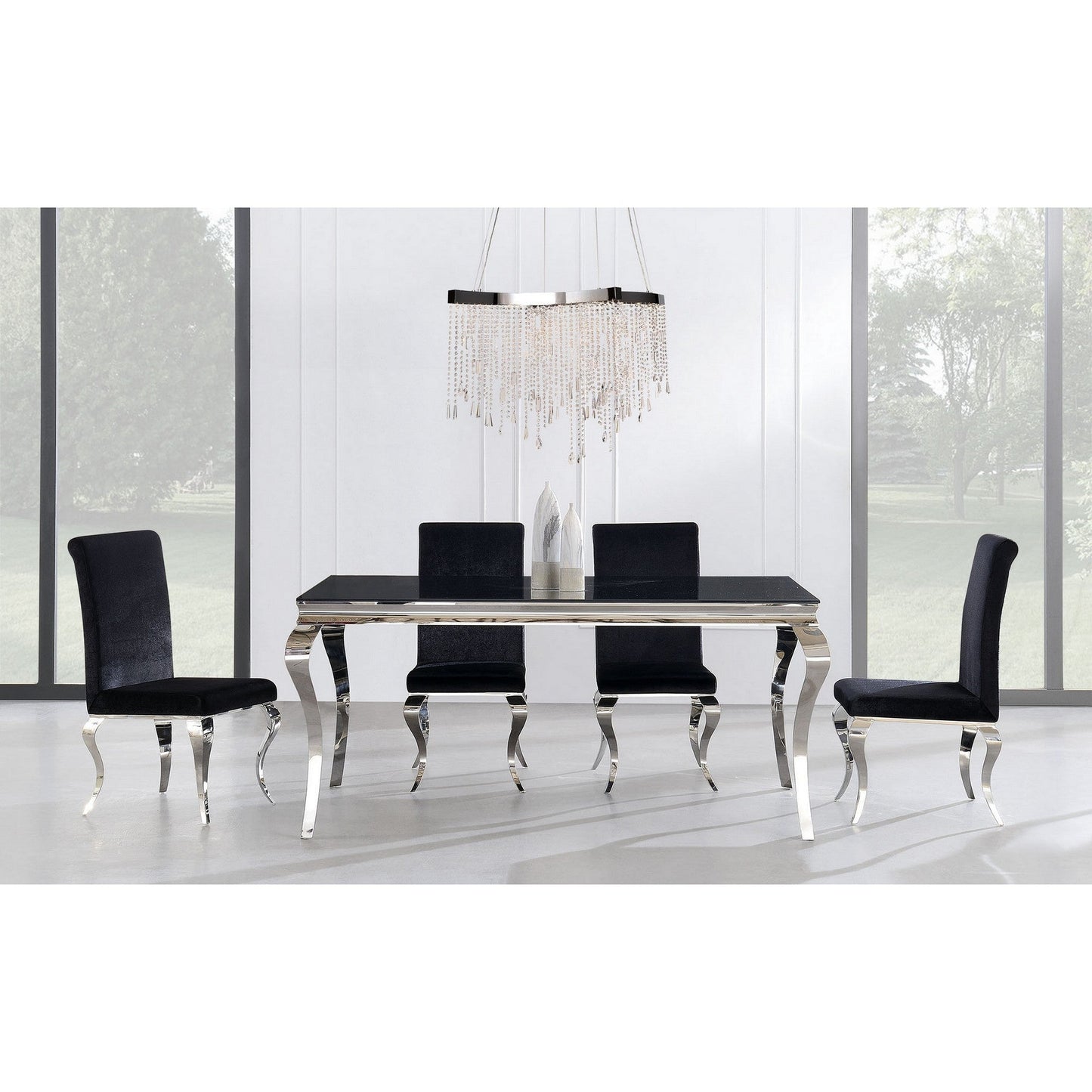HomeRoots Stainless Style Steel Legs Dining Table With Black Glass Top
