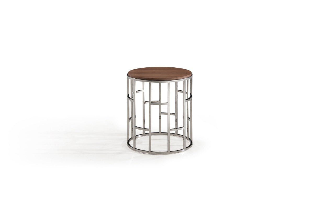 HomeRoots Stylish Round Geometric End or Side Table With Silver And Walnut Finish