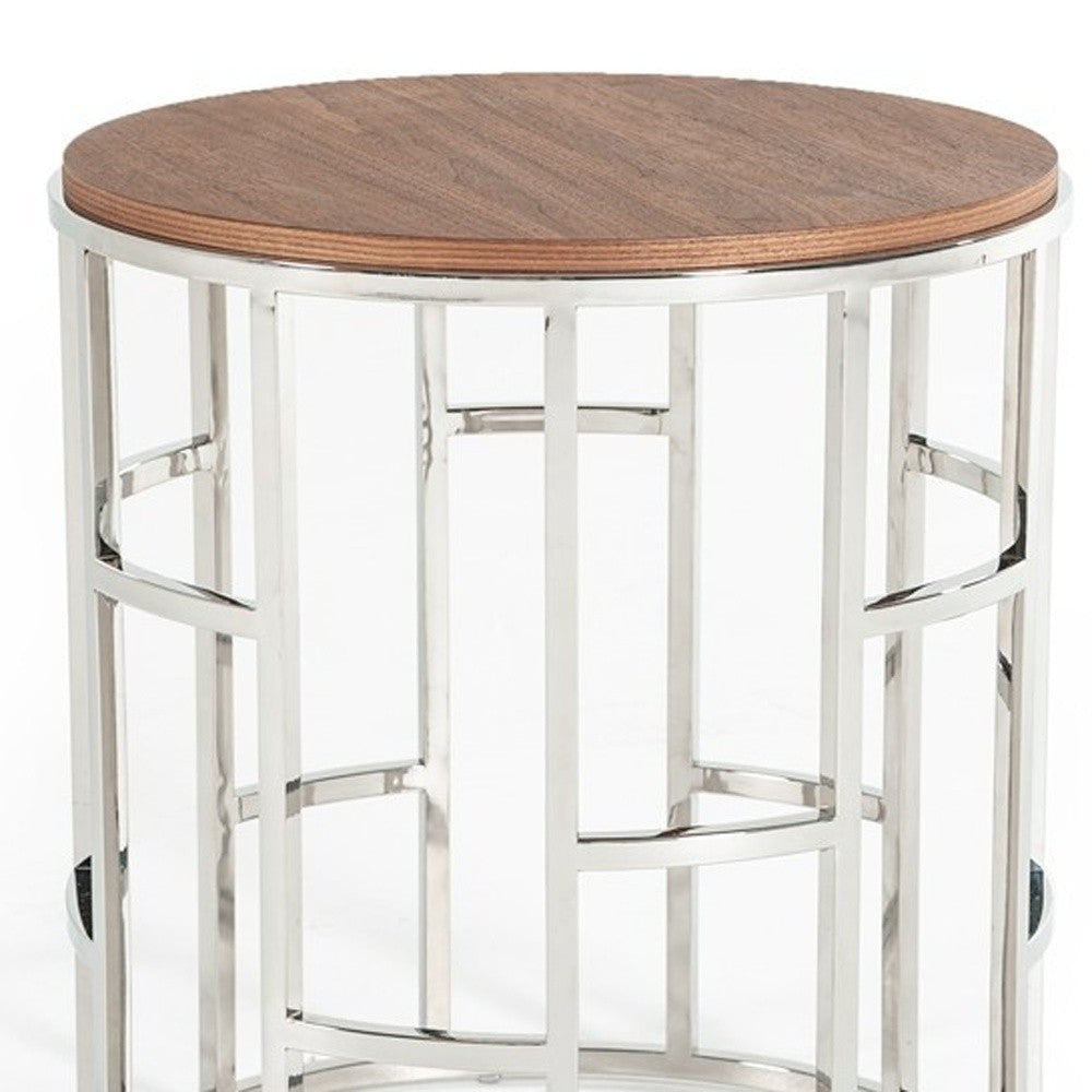 HomeRoots Stylish Round Geometric End or Side Table With Silver And Walnut Finish