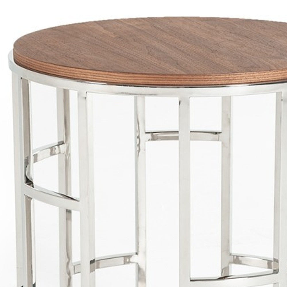 HomeRoots Stylish Round Geometric End or Side Table With Silver And Walnut Finish