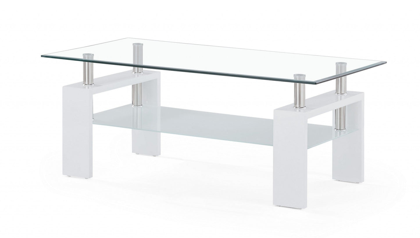 HomeRoots White glossy leg Coffee Table with Rectangular Clear Glass Top