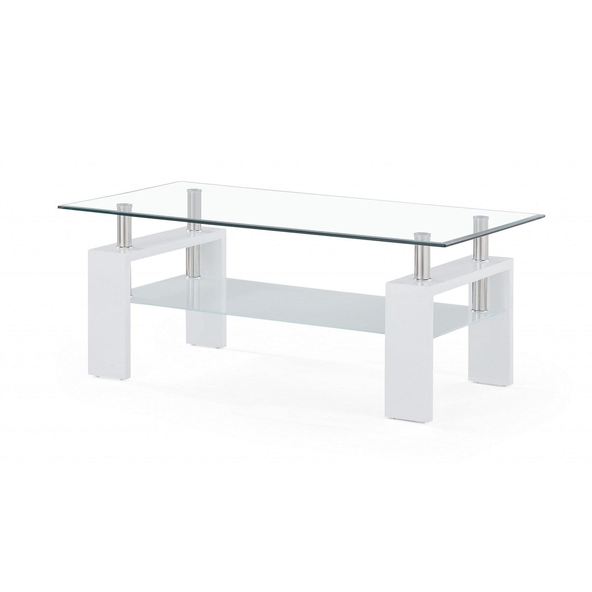 HomeRoots White glossy leg Coffee Table with Rectangular Clear Glass Top