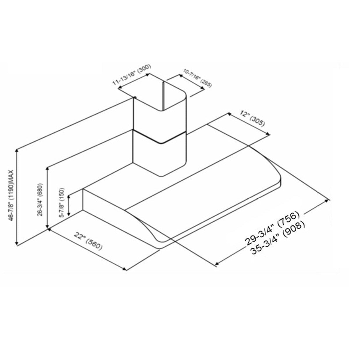 KOBE Brillia CHX22 SQB-1 Series 36" Wall Mount Range Hood With 3-Speed Mechanical Push Button, Dishwasher-Safe Baffle Filters, and LED Lights