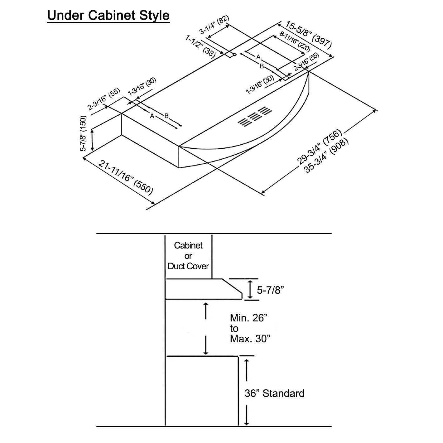 KOBE Brillia CHX38 SQBD-3 Series 30" Ductless Under Cabinet Range Hood With 400 CFM Internal Blower, 3-Speed Mechanical Push Button, Dishwasher-Safe Baffle Filters, Charcoal Filters, and LED Lights